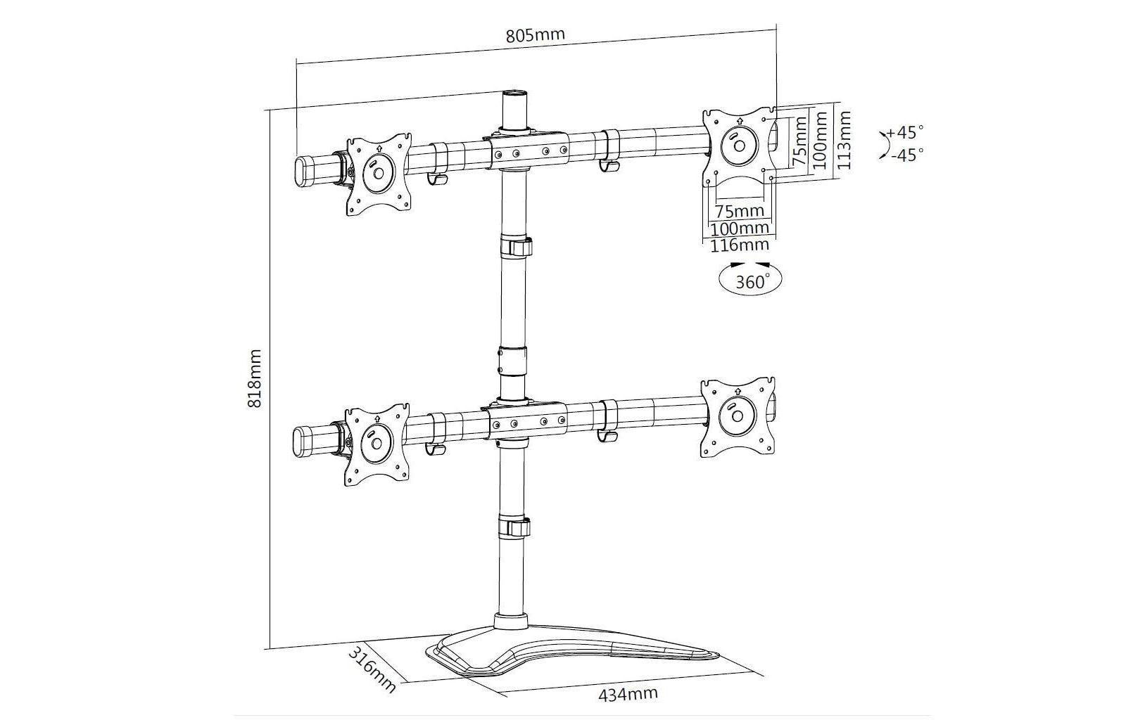 Multibrackets basic 3347 – Standfuss, 4 Monitore, bis 27", VESA 75 × 75 mm, 8 kg, drehbar, höhenverstellbar