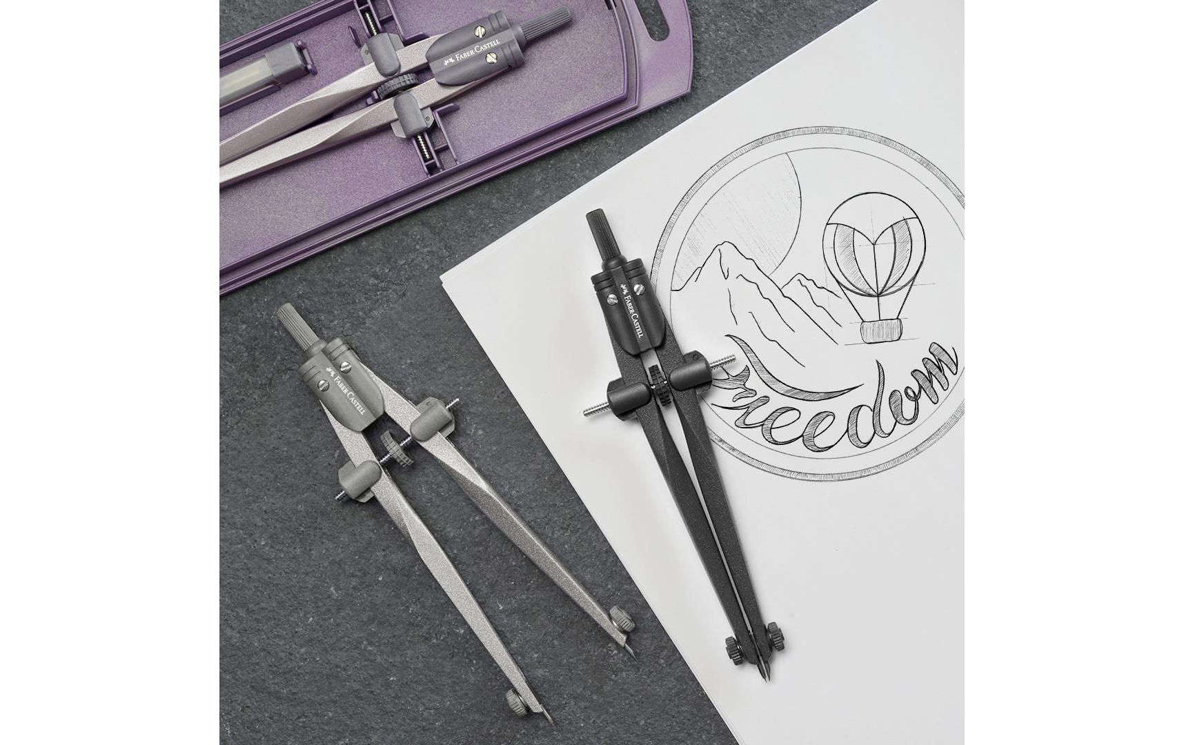 Faber-Castell Schnellverstellzirkel – max. Kreis-Durchmesser 34 cm, Zapfen-Durchmesser 3,5 mm, mit Adapter, grau, schwarz