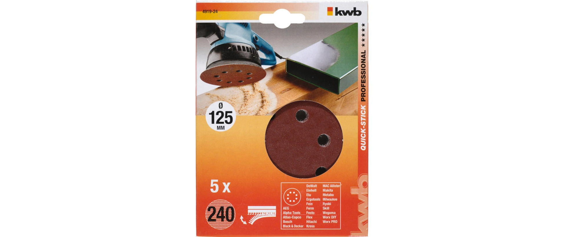 kwb Schleifscheibe 125 mm P240 – für Metall & Holz – 5 Stk – gelocht, 8 Löcher – für Exzenterschleifer