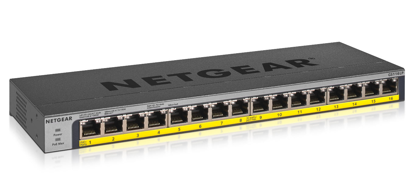NETGEAR GS116LP – Switch – 16×GbE, PoE+ 76 W, 19" Rack