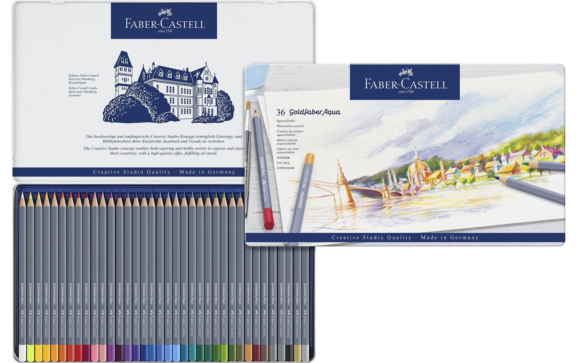 Faber-Castell Goldfaber Aqua Aquarellfarbstifte – 36 Farben, lichtbeständig, Ø 3,3 mm, Metallschachtel