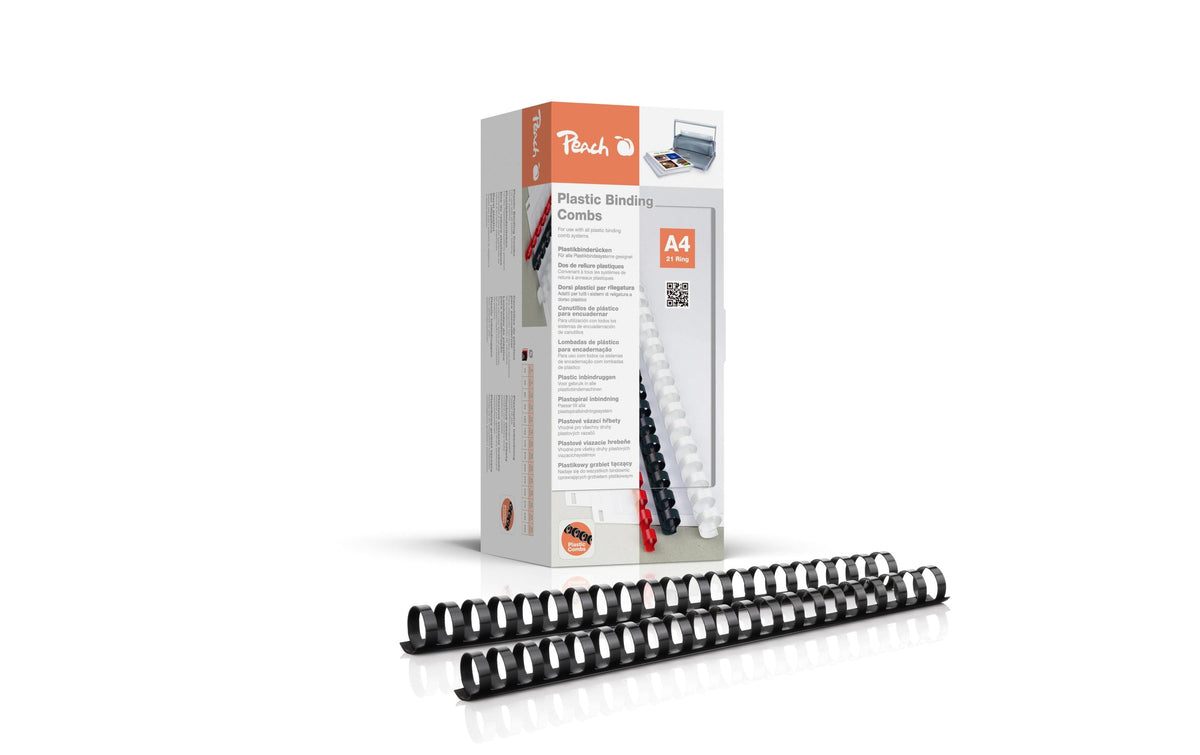 Peach CombBind Plastikbinderücken – A4 – Ø 22 mm – 21 Ringe – bis 210 Blatt, Schwarz – 50 Stk.