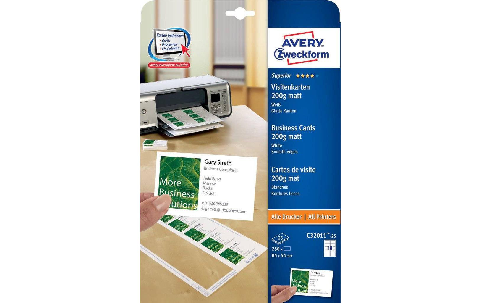 Avery Zweckform Visitenkarten, 85 × 54 mm, 200 g/m² – für Laser/Inkjet – A4, 10 pro Blatt – 250 Karten
