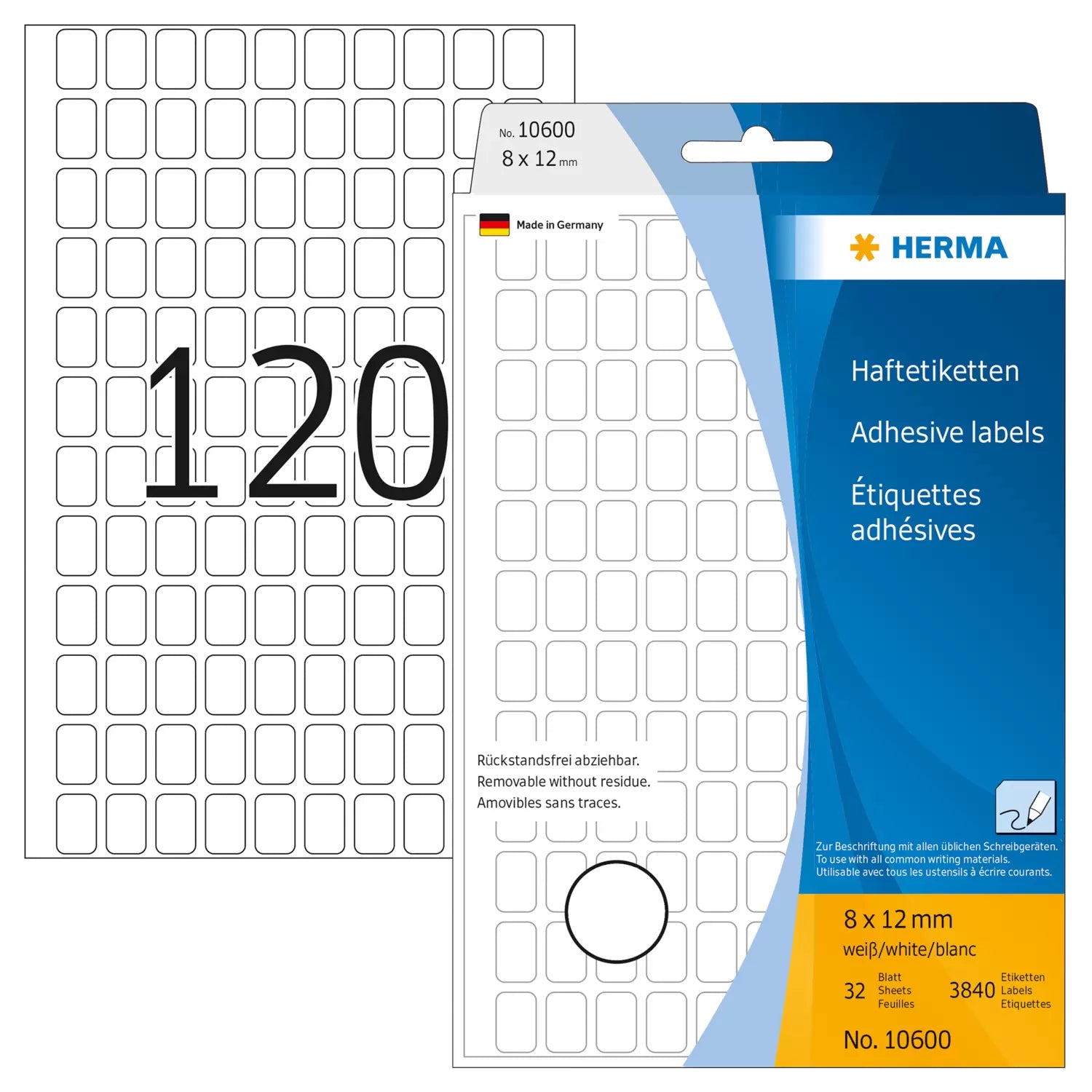 HERMA Haftetiketten – rechteckig 8 × 12 mm, wiederablösbar, weiss, Papier, 24 Blatt (2'880 Stk.)