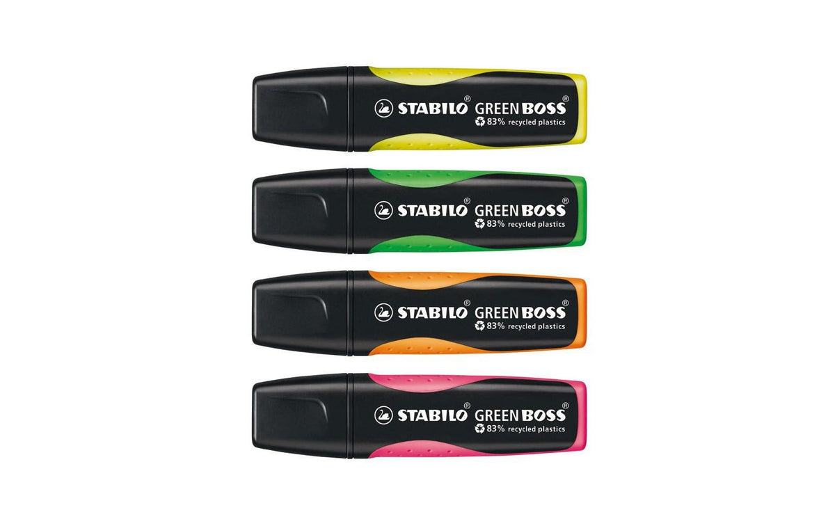 STABILO GREEN BOSS Textmarker – 4er Set, Farben: Grün/Orange/Pink …, Keilspitze 2–5 mm, nachfüllbar