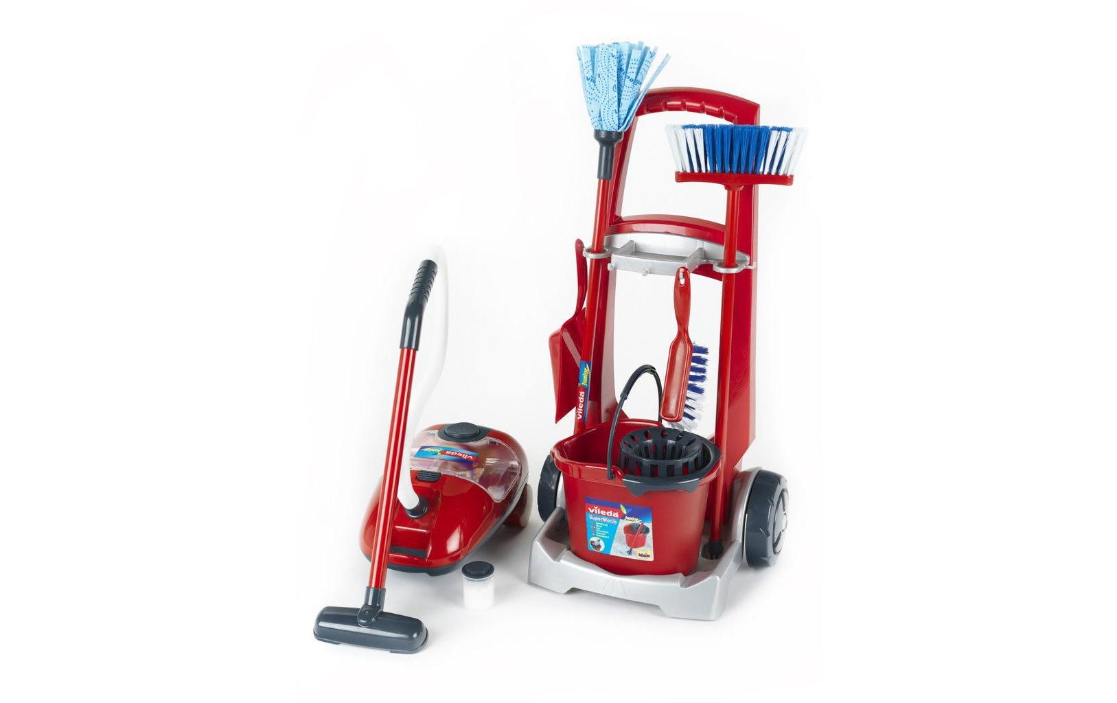 Theo Klein Vileda Putz-Set – Besenwagen und Staubsauger – 24 × 60 × 29 cm – ab 3 J. – Kunststoff, rot