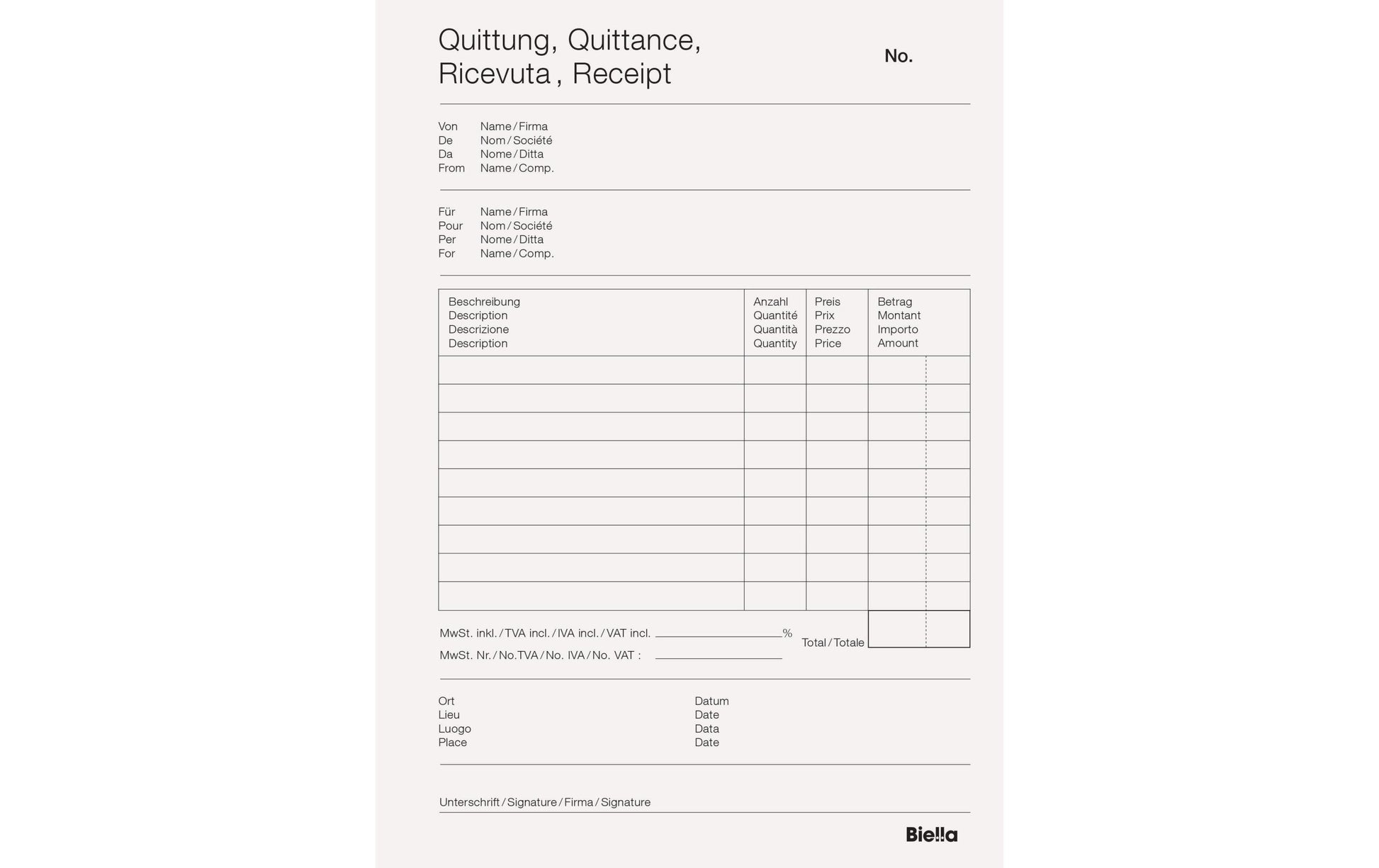 Biella Formularblock – Quittungen, mehrsprachig, 50 Blatt, A5