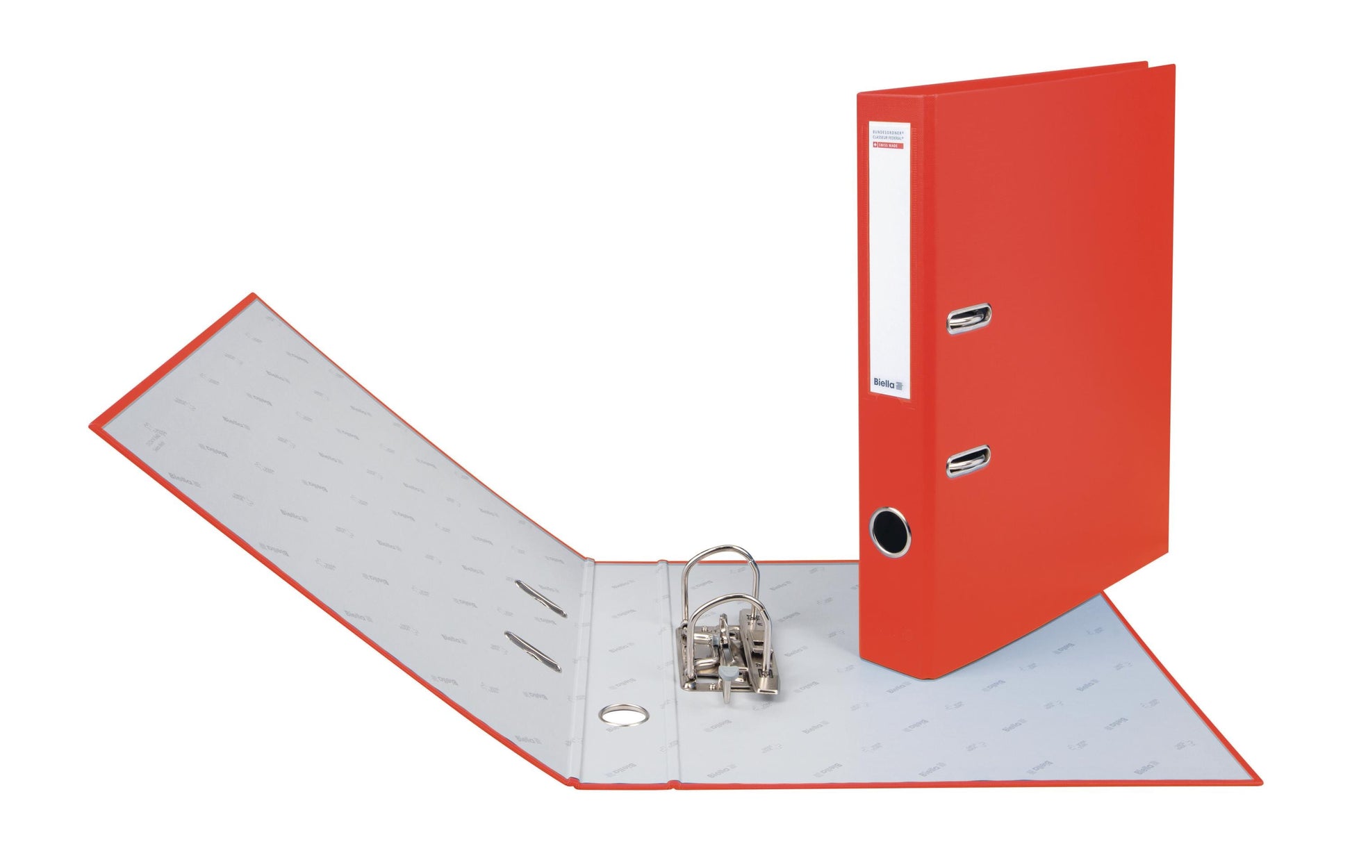 Biella Ordner – A4 hoch – 2-Ring Hebelmechanik, Rücken 40 mm – rot, mit Niederhalter, mit Griffloch, FSC