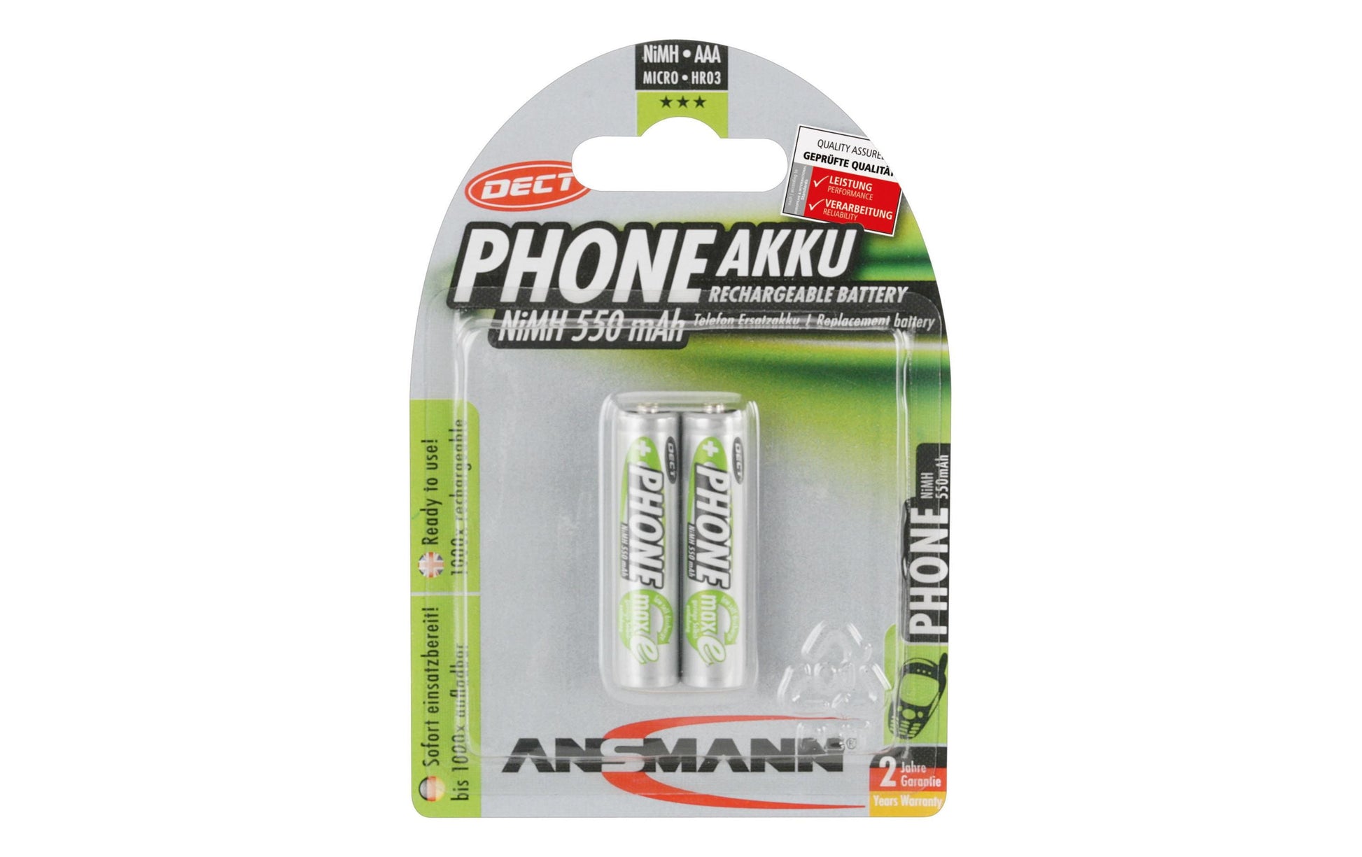 Ansmann AAA Akkus – Nickel-Metallhydrid (NiMH), 550 mAh, 1,2 V – 2 Stk.