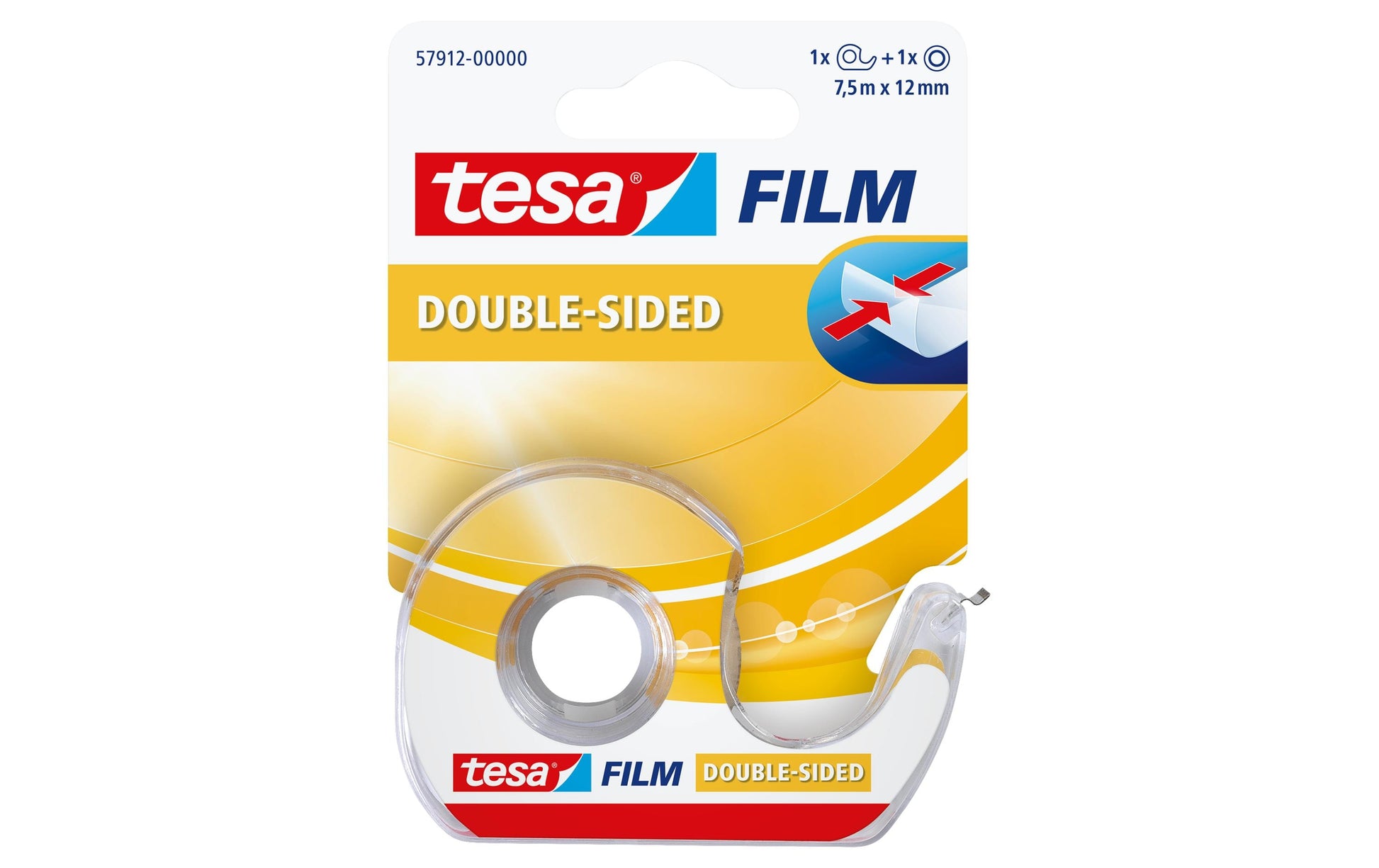 TESA Doppelseitiges Klebeband – mit Abroller – permanent, klar, Kunststoff, 12 mm × 7,5 m, Kern Ø 26 mm