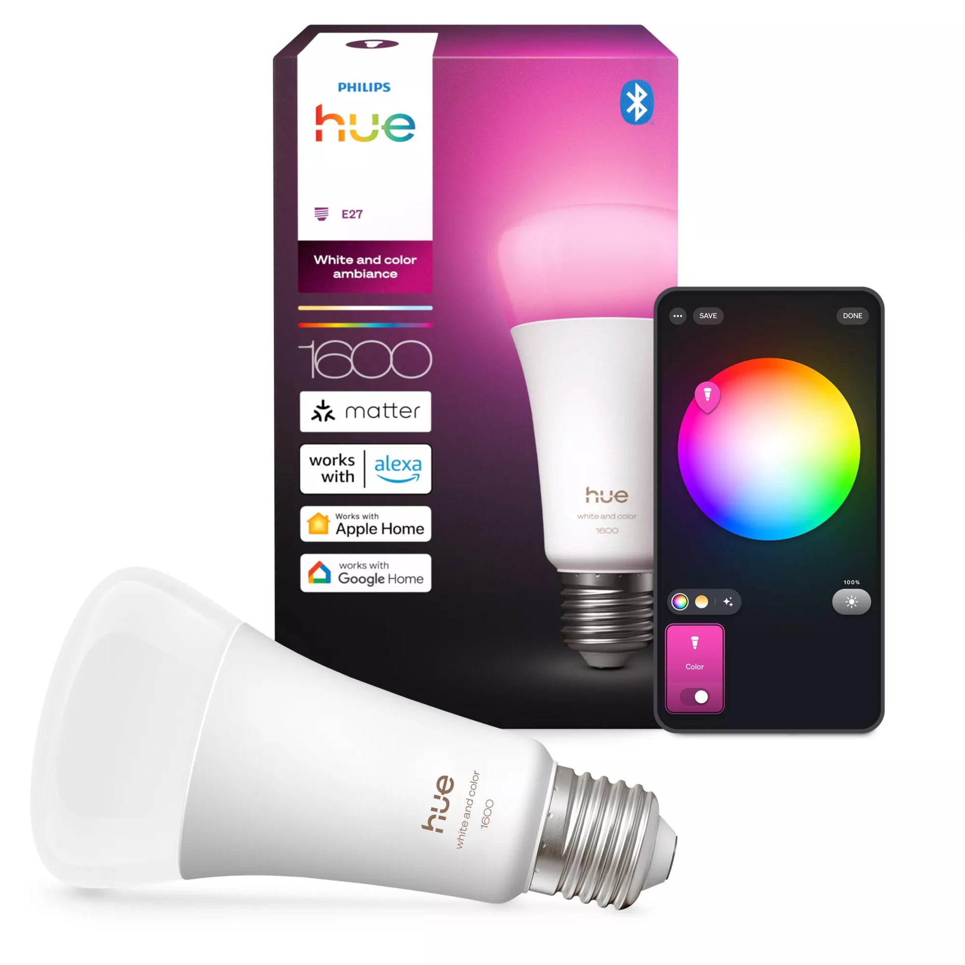 Philips by Signify Philips Hue Smart-Leuchtmittel E27 – RGB+CCT, 1600 lm, 11,8 W – für Amazon Alexa, Google Assistant