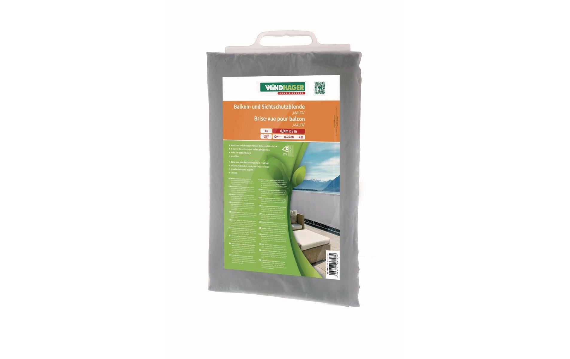 Windhager Balkonbespannung Malta – 90 × 500 cm, Polyester, grau/silber, mit Ösen, UV-beständig, für Balkon