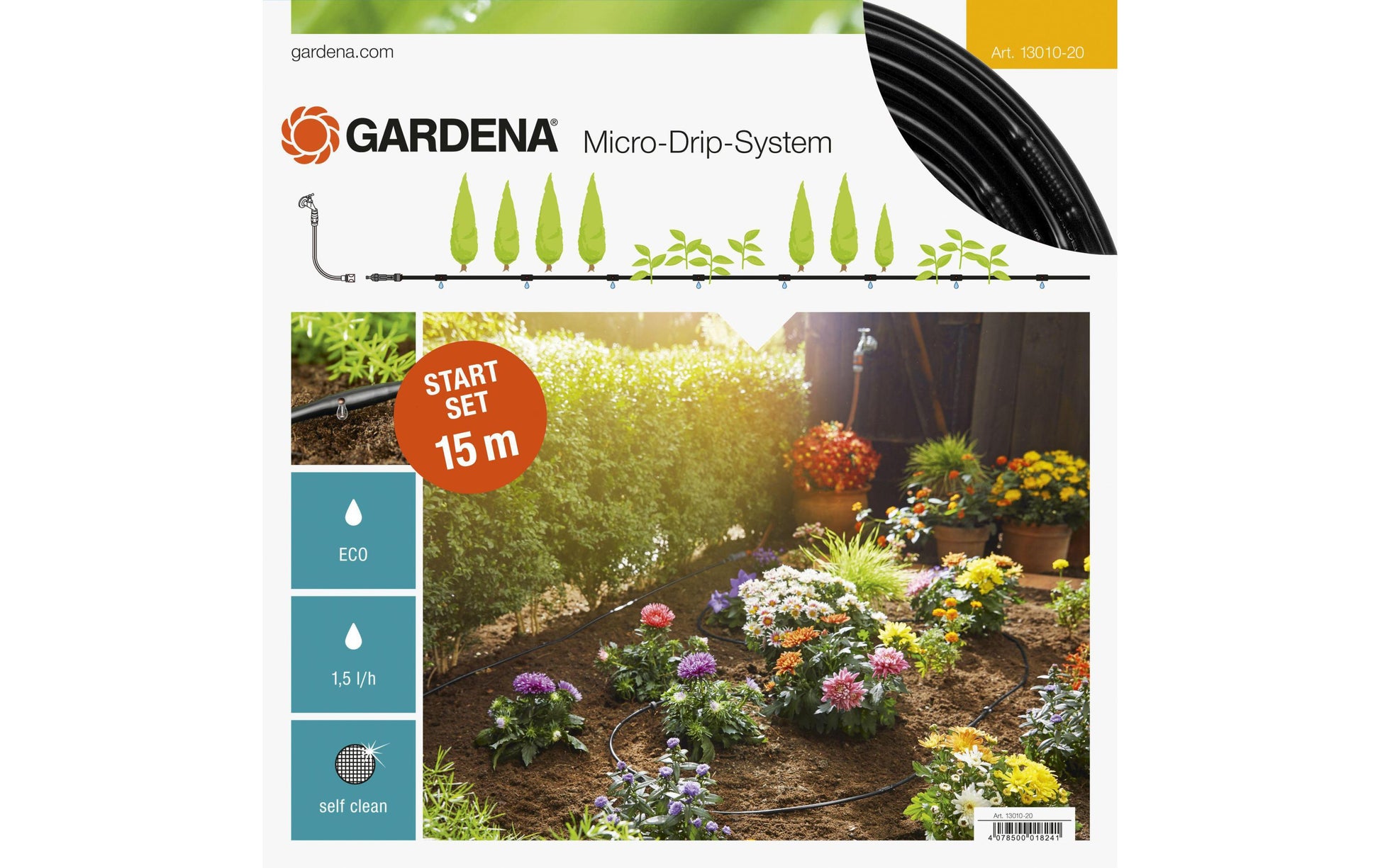 Gardena Start-Set (Micro-Drip-System) – Schlauch 15 m, Schwarz, für Pflanzreihen S