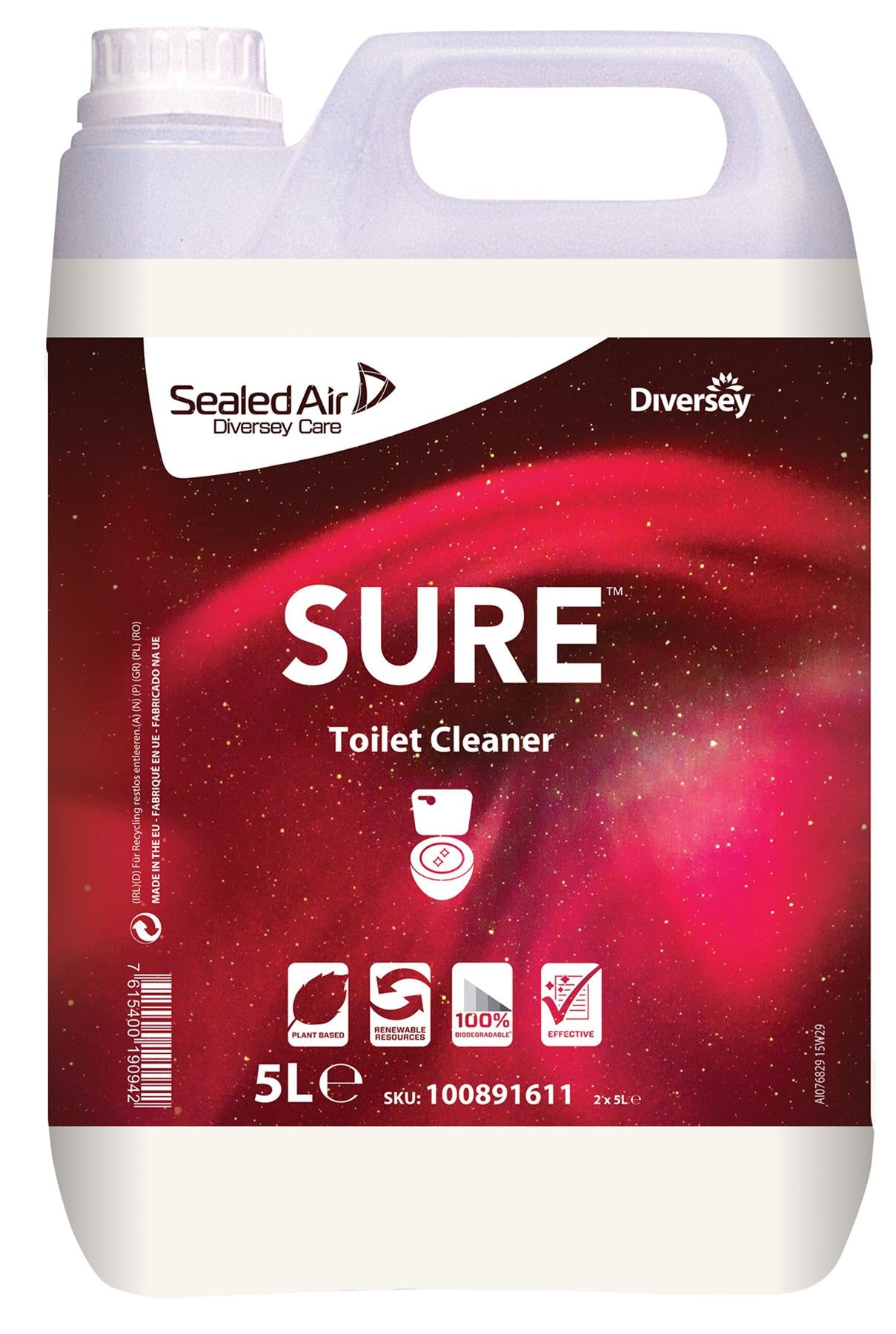 Diversey SURE WC-Reiniger/WC-Entkalker für WC – parfümfrei, gebrauchsfertig, Kanister – 2×5 l