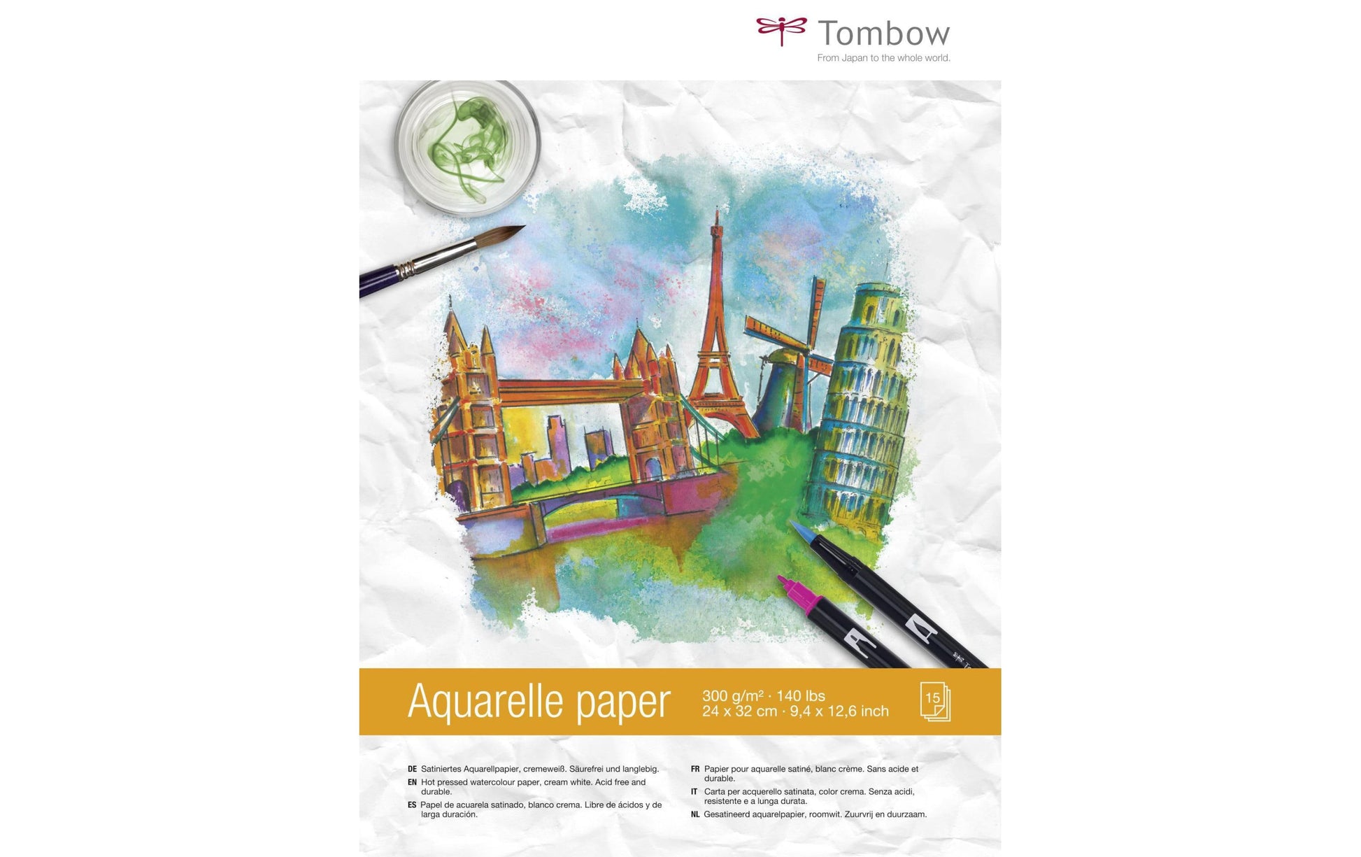 Tombow Aquarellblock – 24 × 33 cm – 300 g/m² – 15 Blatt, Weiss, für Aquarell