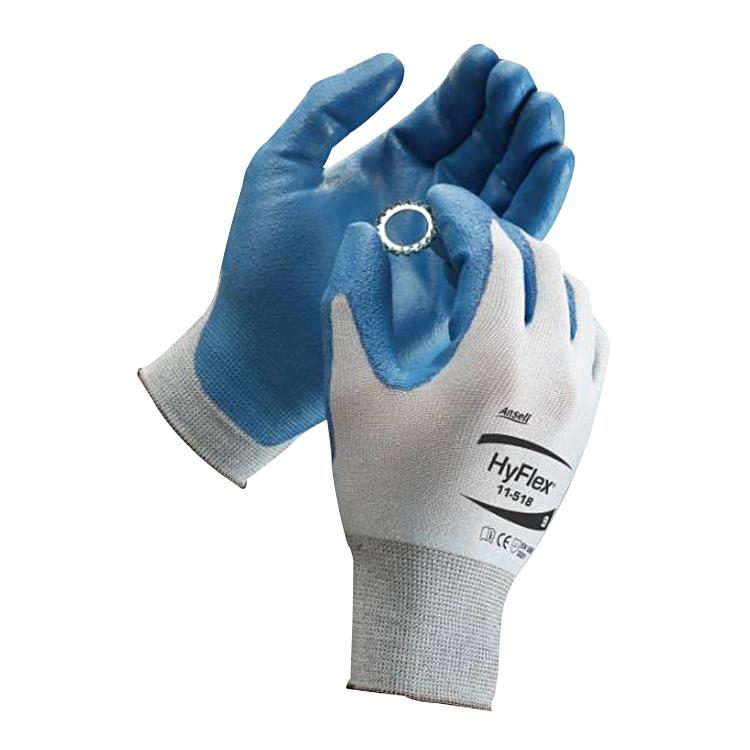 Ansell Schnittschutzhandschuhe HyFlex 11-518 – M, 1 Paar – EN 388: S3, Abr3, Dyneema/PU – Blau/Grau