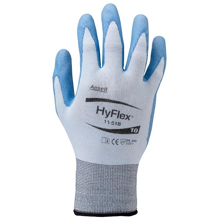 Ansell Schnittschutzhandschuhe HyFlex 11-518 – M, 1 Paar – EN 388: S3, Abr3, Dyneema/PU – Blau/Grau