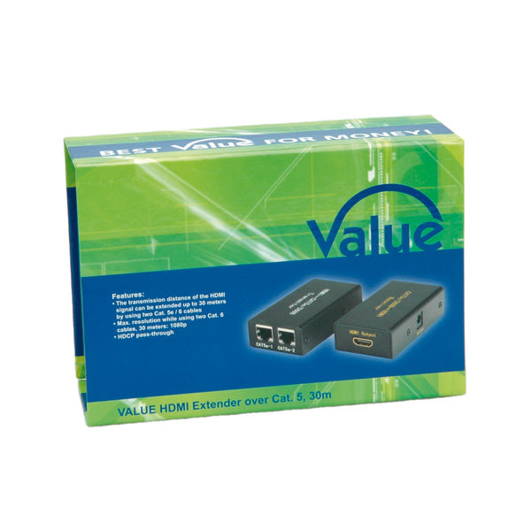 VALUE HDMI-Extender-Set über Cat5e, 2× RJ-45, HDMI 1.3, 1080p@60 Hz, 30 m, HDCP, Schwarz