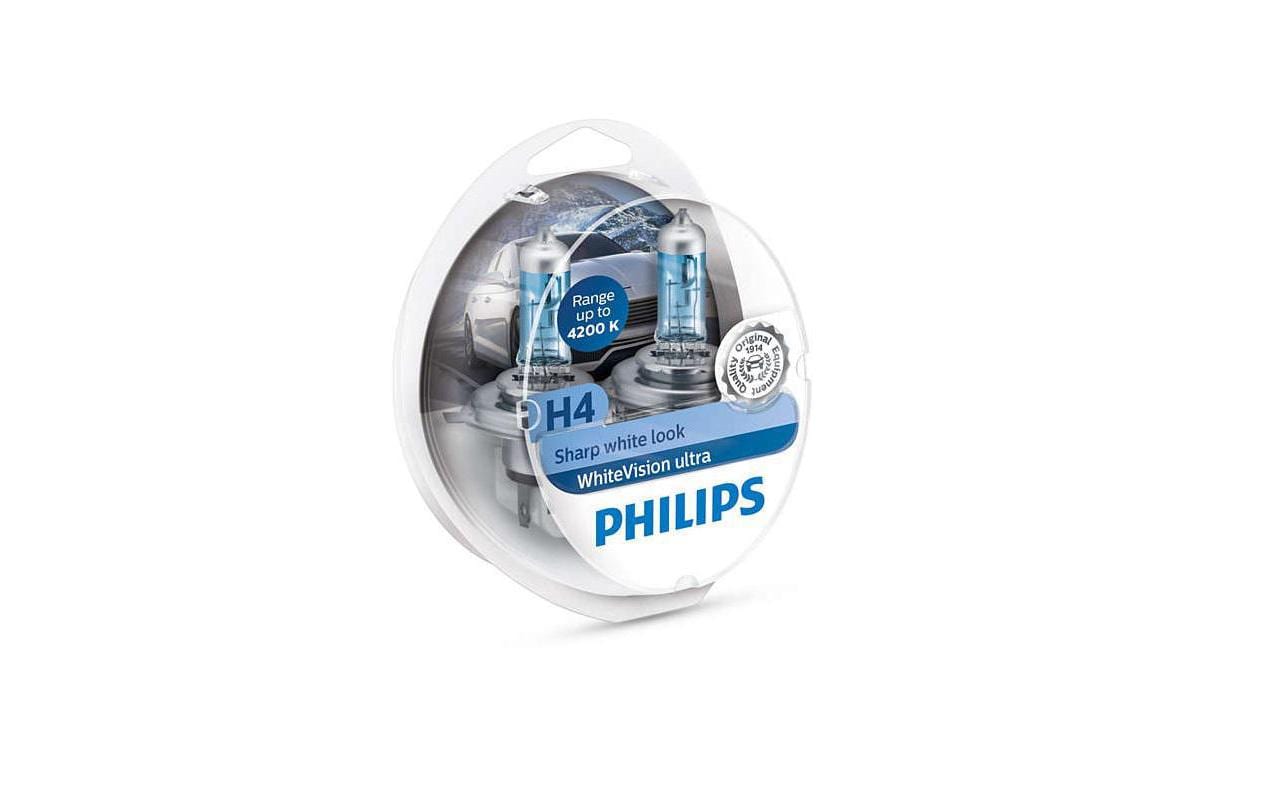 Philips Halogen-Leuchtmittel H4 (P43t-38) – Warmweiss 4200 K, 1560 lm, 55 W – WhiteVision ultra