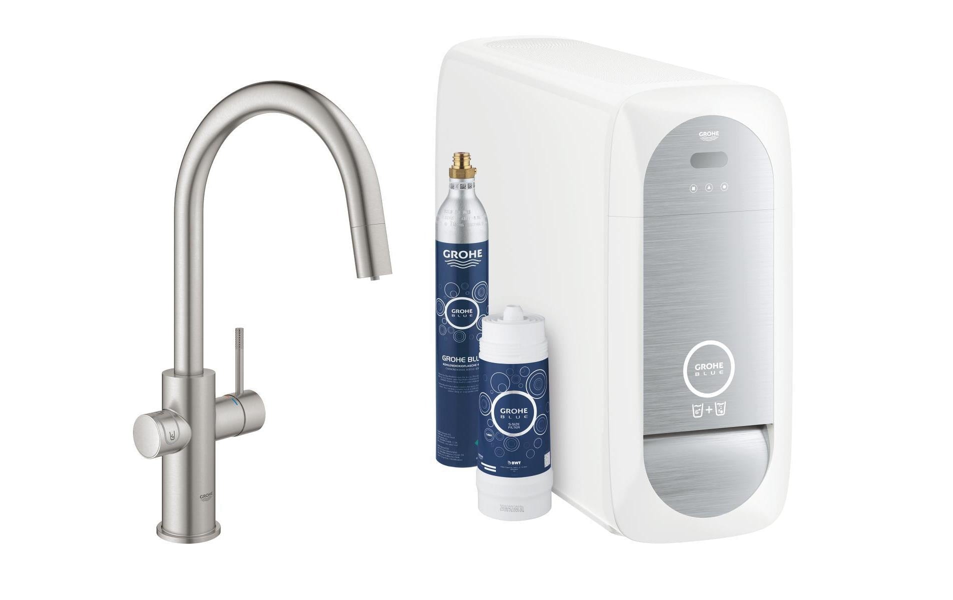 GROHE Einhebelmischer Blue Home C – Messing, 180 W, Silber, 360°-Sockel