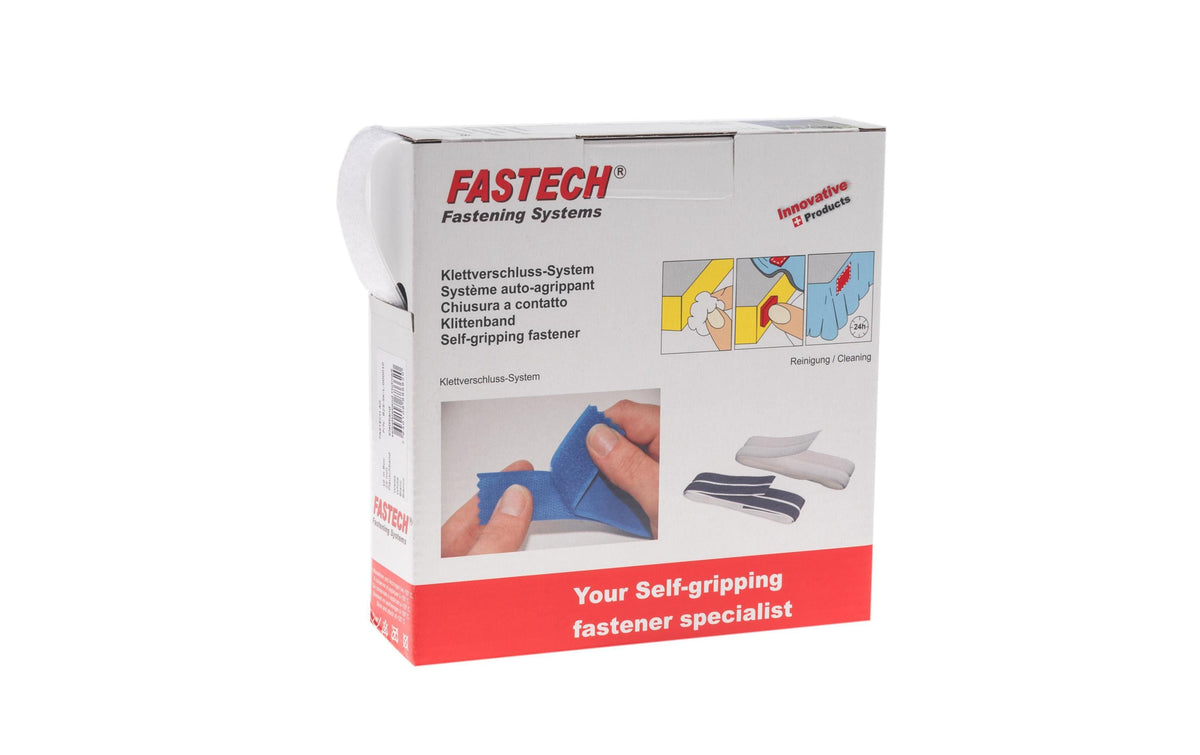 Fastech Klettband – 25 mm × 10 m, weiss, Kunststoff, selbstklebend, 1 Stück