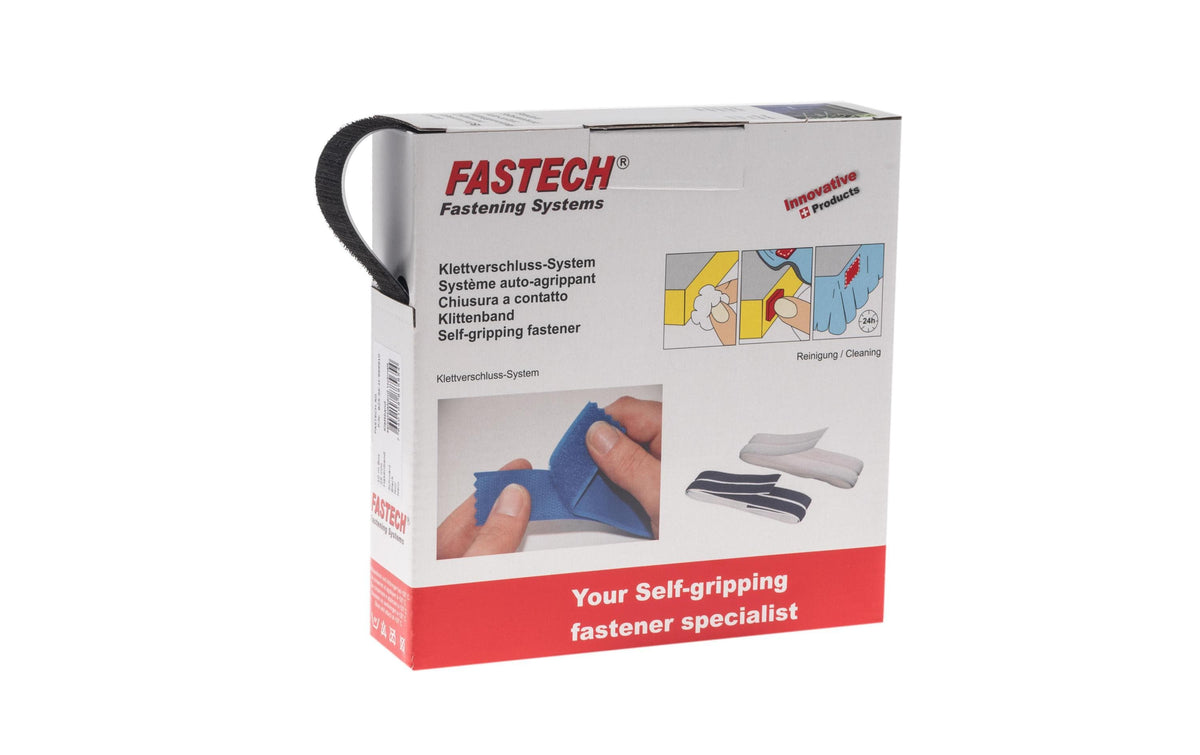 Fastech Klettband – 25 mm × 10 m, Schwarz, Kunststoff, Selbstklebend, 1 Stück