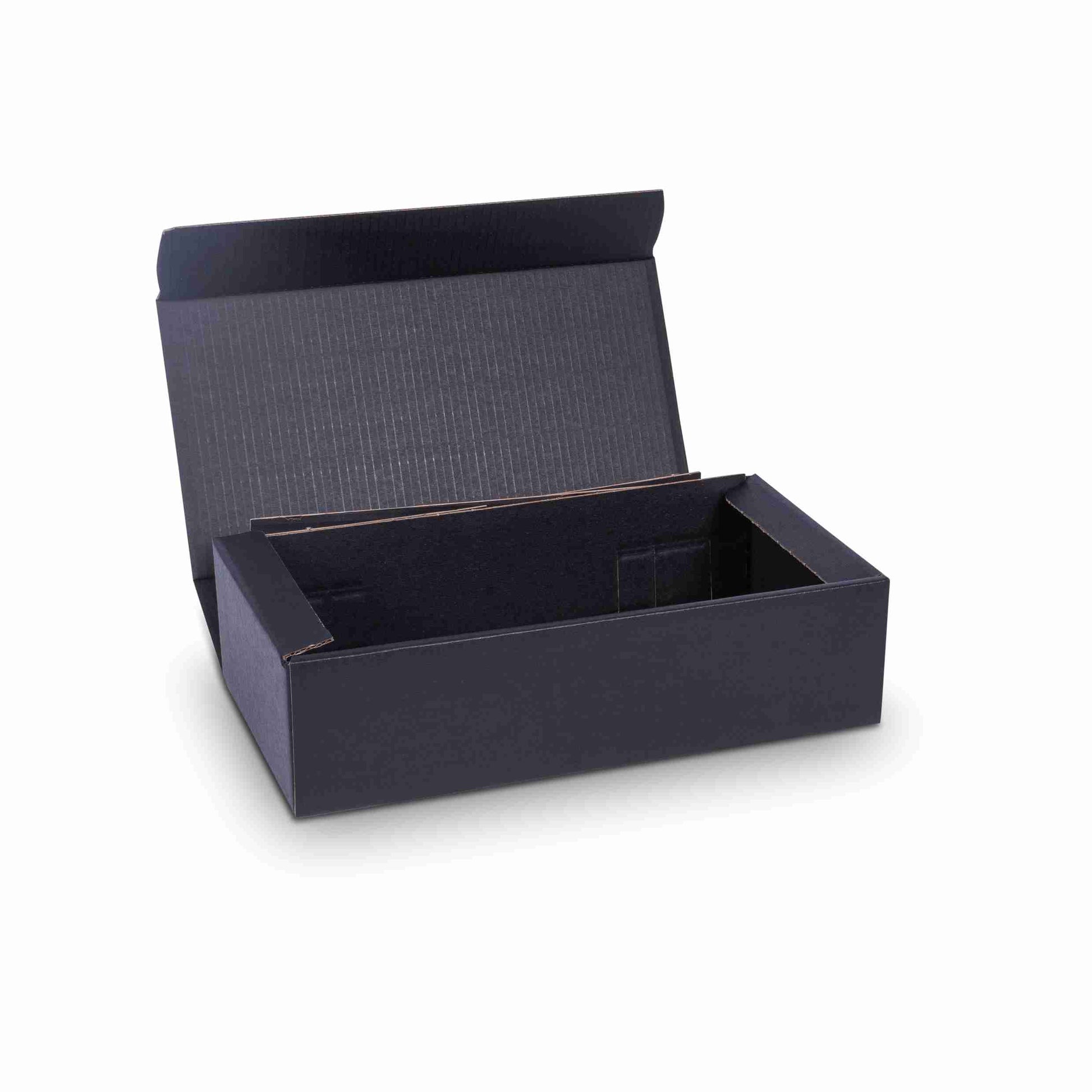 Weinpräsentkarton Wellpappe schwarz – Innenmass 180 × 360 × 90 mm – für 2 Flaschen – 1 Stk., ab 20 Stk.
