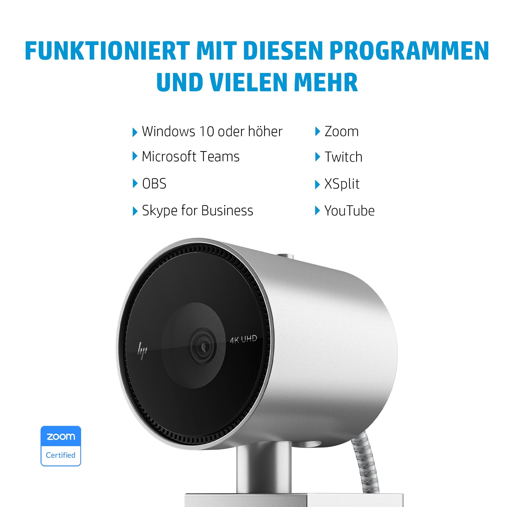 HP 950 Webcam – 4K Ultra HD, 30 fps, Autofokus, USB 3.0 – Schwarz/Silber