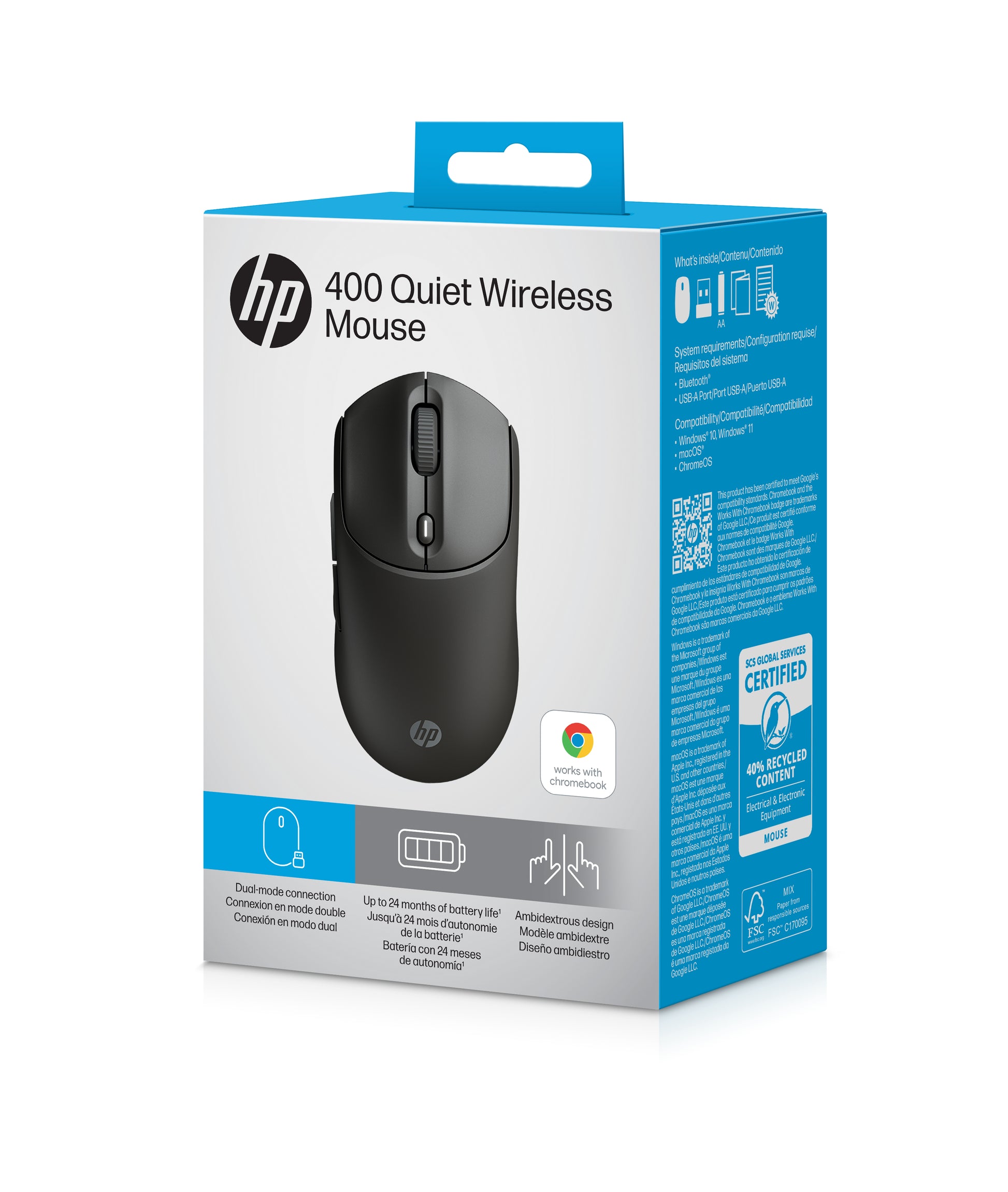 HP 400 Leise – Maus – Kabellos (Bluetooth/2,4 GHz), 6000 DPI, Beidhändig, Schwarz