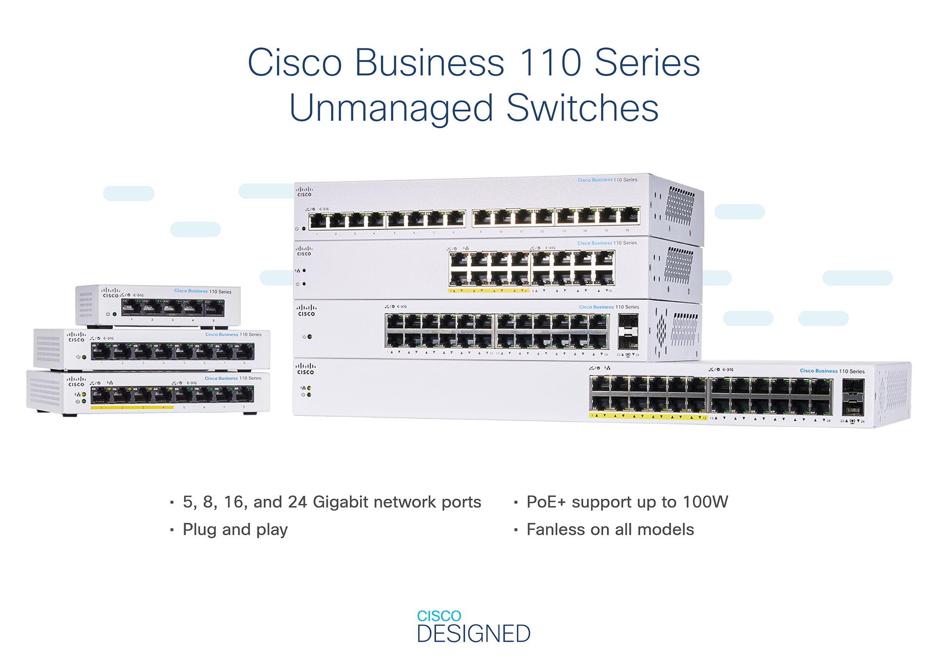 Cisco CBS110 – Unmanaged Switch – 24×GbE, 2×SFP, L2, 1U