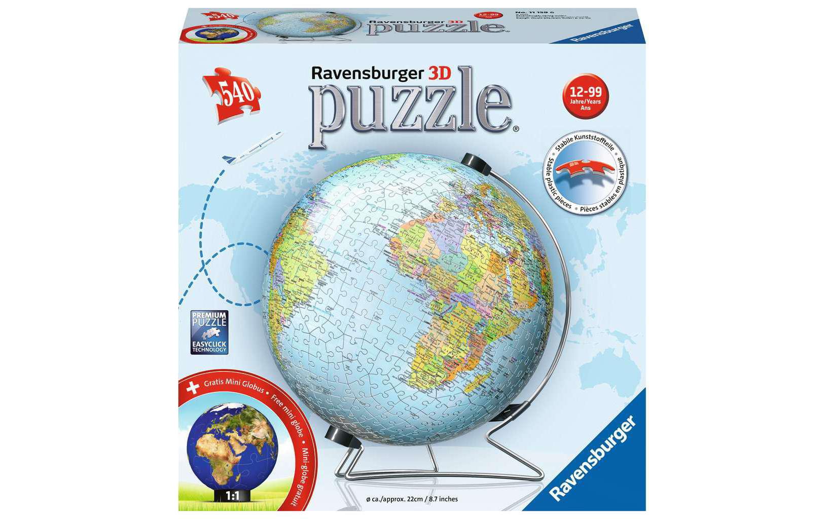 Ravensburger 3D-Puzzle Globus – 540 Teile – Ø 22 cm – Kunststoff – ab 12 Jahren