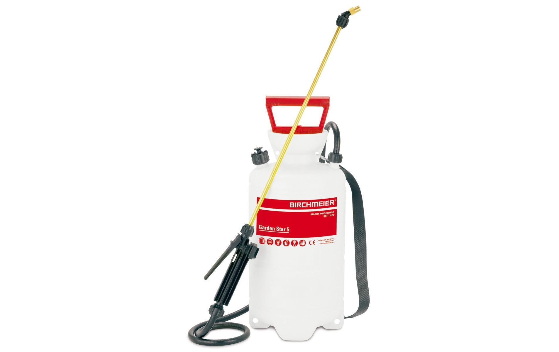 Birchmeier Drucksprüher Garden Star 5 – 5 l, Messing/Kunststoff, Schwarz/Rot/Weiss, 19,6 × 19,6 × 48,5 cm