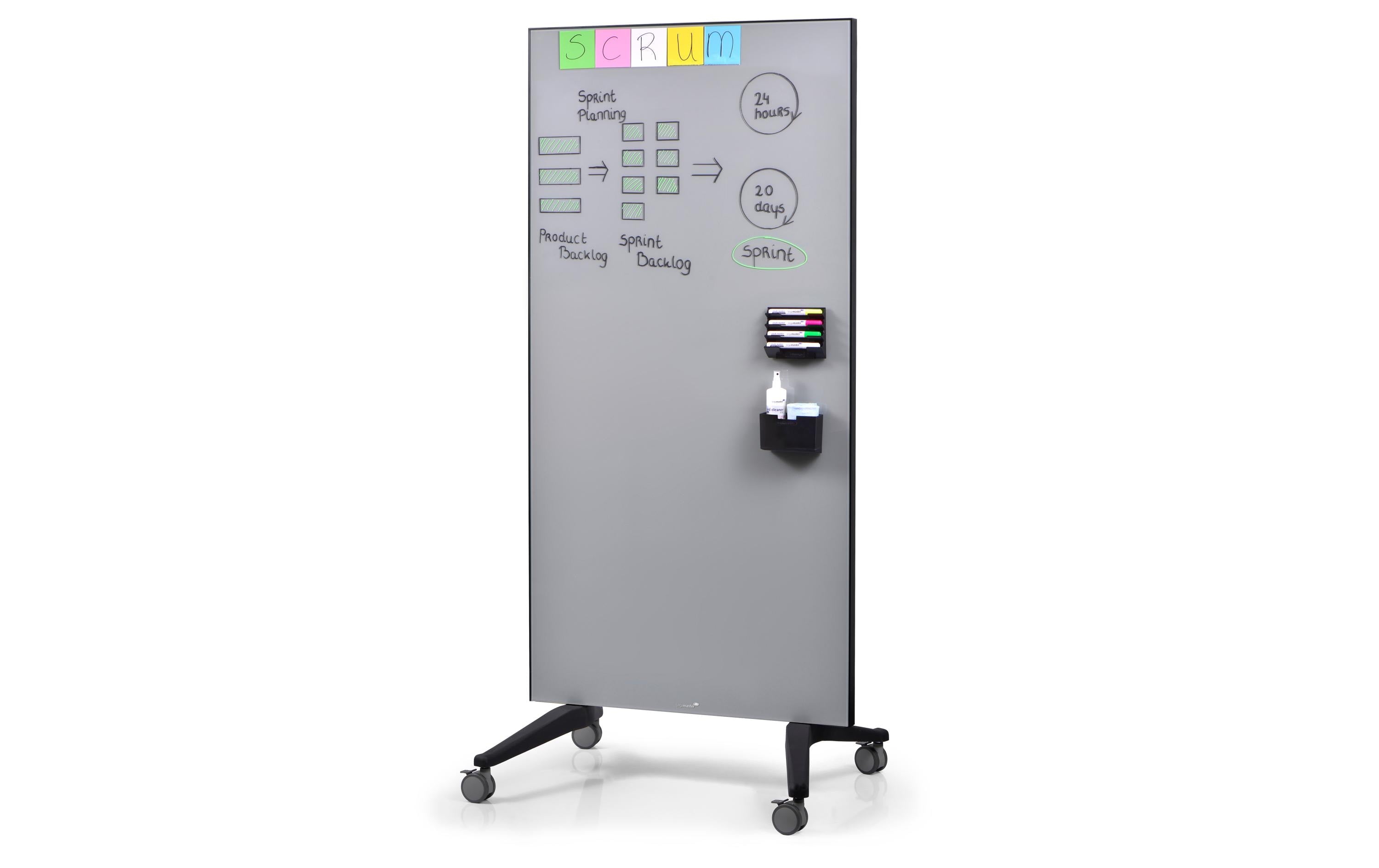 Legamaster Whiteboard – 95 × 175 cm, Glas, magnetisch, Stahlrahmen, grau, mobil