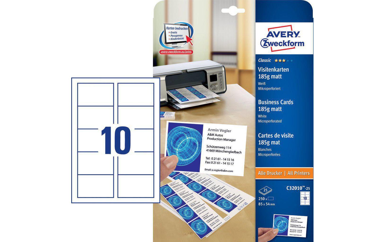 Avery Visitenkarten, 85 × 54 mm – A4, 10 pro Blatt – 250 Karten – FSC-zertifiziert, beidseitig bedruckbar