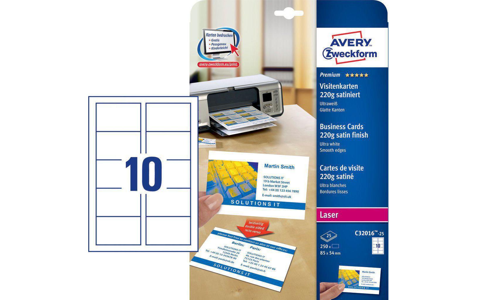 Avery Visitenkarten, 85 × 54 mm – A4, 10 pro Blatt – 250 Karten – FSC-zertifiziert, beidseitig bedruckbar