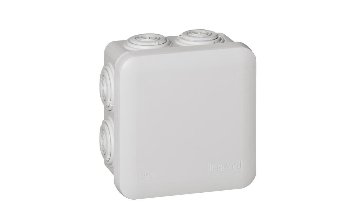 Legrand Aufputz-Box, 80×80×45 mm, IP55, 7 Einführungen (Würgnippel), Dichtbereich Ø 4–20 mm – Grau