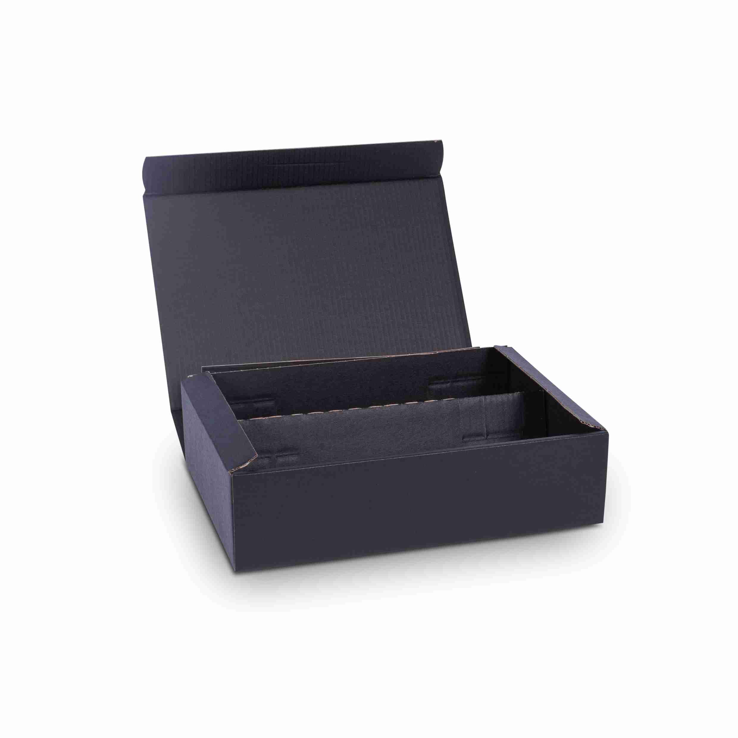 Model Weinpräsentkarton Wellpappe, schwarz – Innenmass 250 × 360 × 90 mm – für 3 Flaschen – 1 Stk., ab 100 Stk.