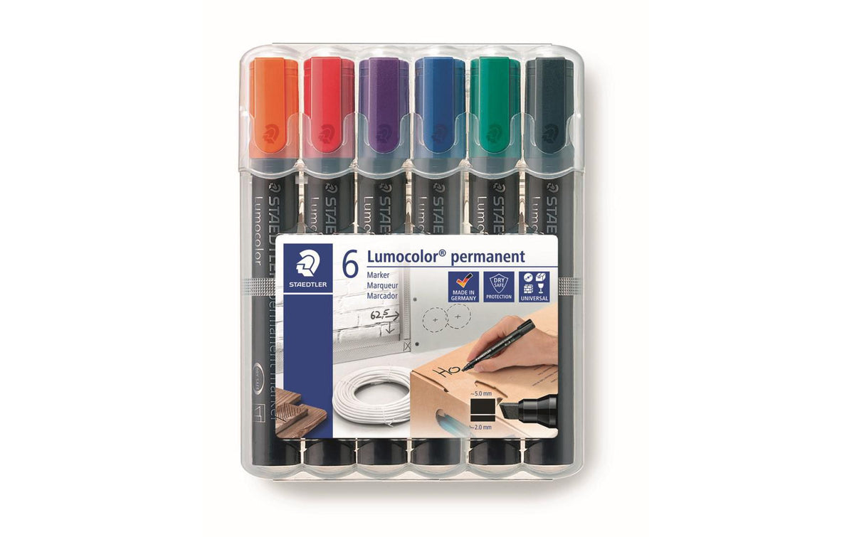 Staedtler Lumocolor Permanentmarker – Keilspitze 2–5 mm – Mehrfarbig – 6er-Set – für Porzellan