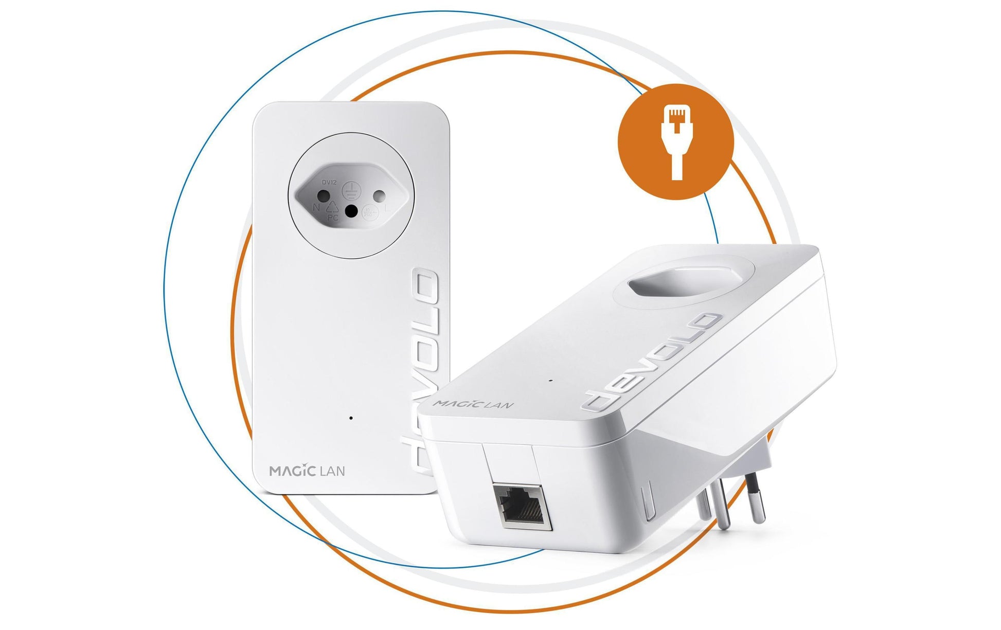 Devolo Magic 1 LAN – Powerline Adapter – 1200 Mbit/s, 1× RJ‑45 1G, 2er-Set, integrierte Steckdose, Weiss