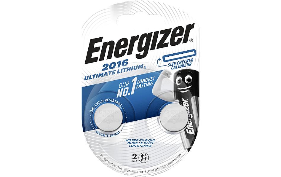 Energizer Knopfzellen CR2016, Lithium-Mangandioxid, 3 V – 2 Stk.