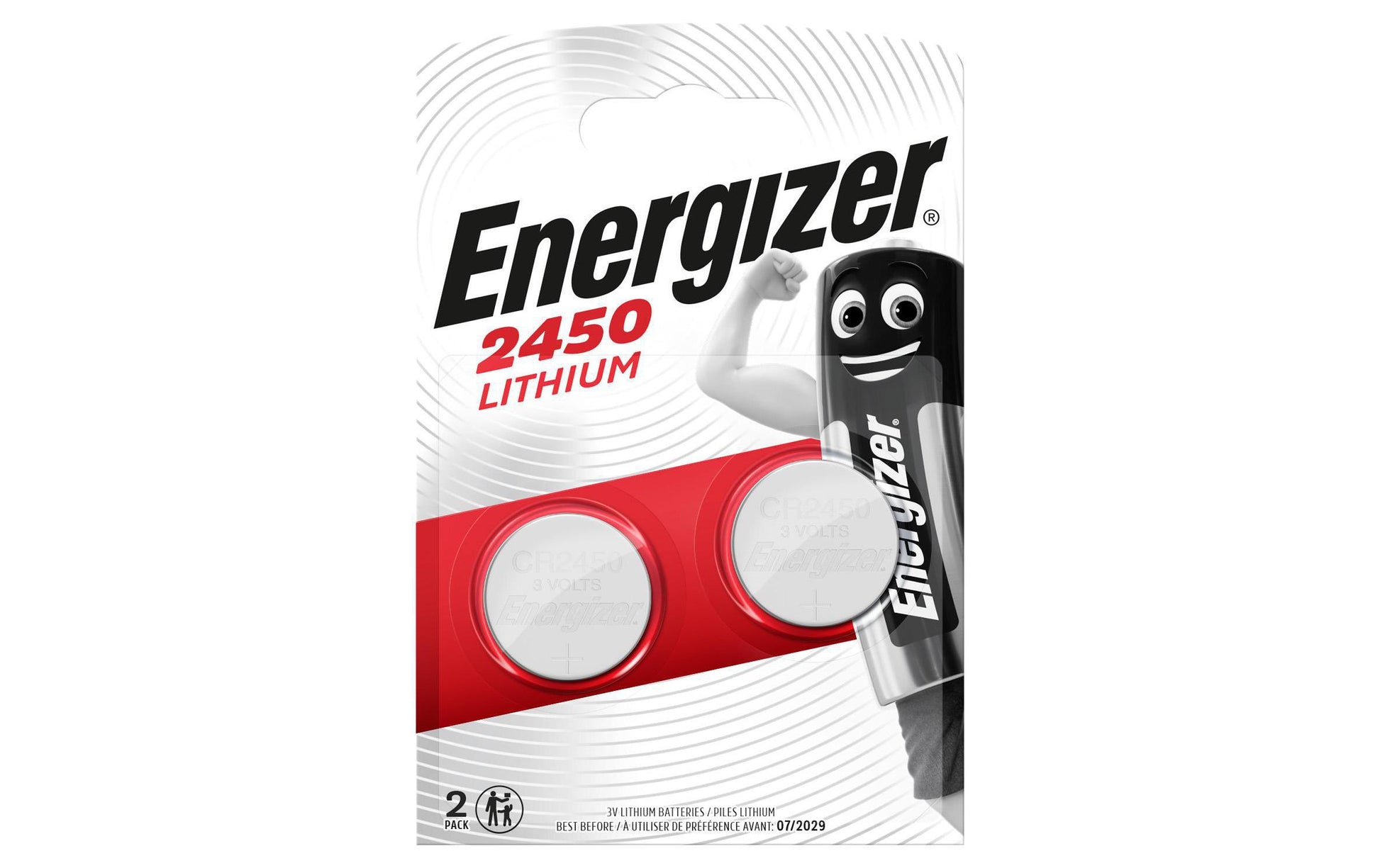 Energizer Knopfzellen CR2450, Lithium-Mangandioxid, 3 V – 2 Stk.
