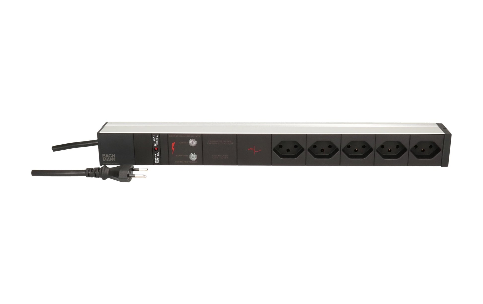 Bachmann Rack-PDU ALU – 1U, 5× T13, T12, 3 m, mit Überspannungsschutz, schwarz/silber