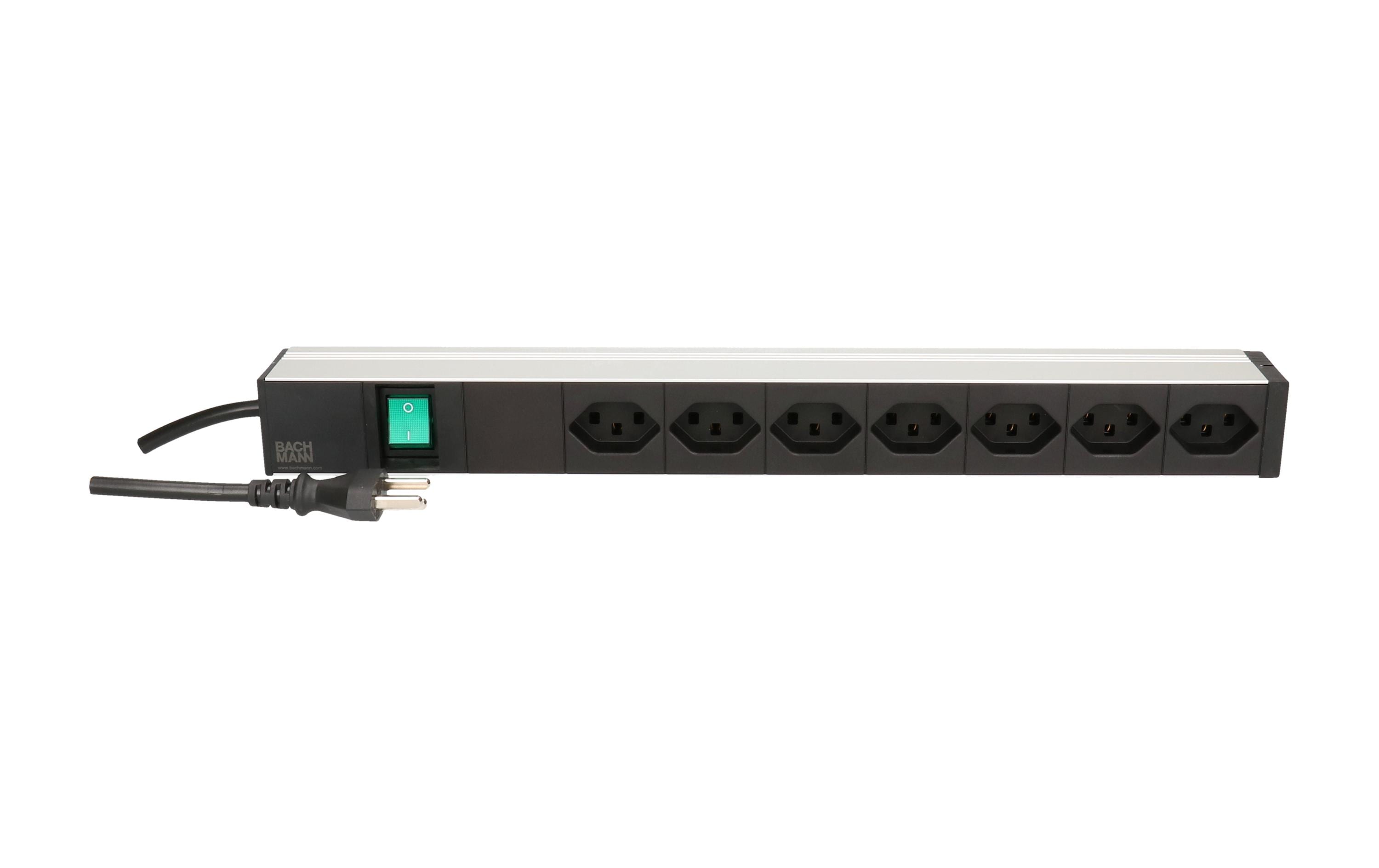 Bachmann Rack-PDU ALU – 1U, 7× T23, T23, mit Schalter, 3 m, schwarz/silber