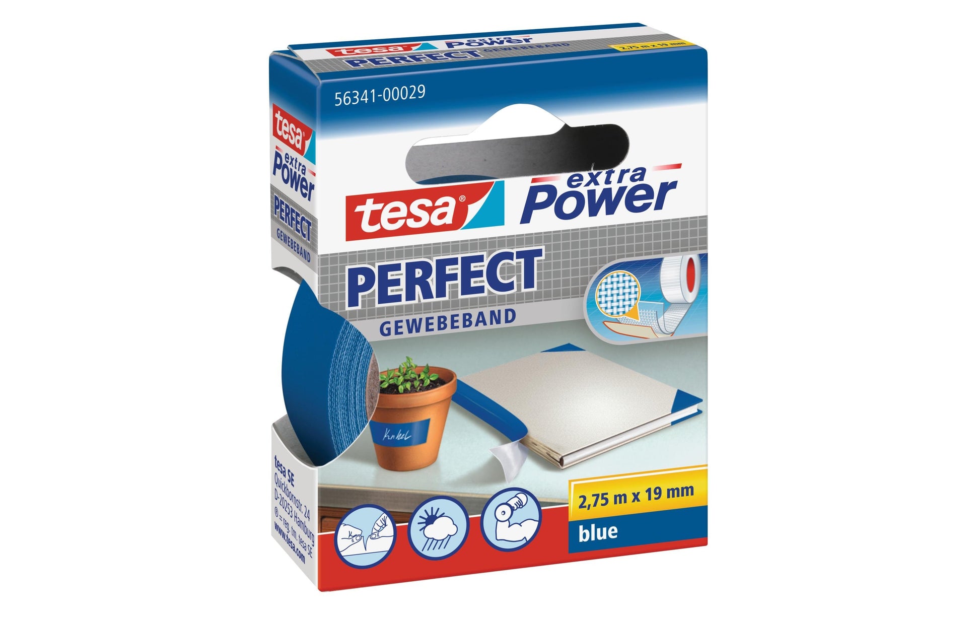 TESA Klebeband – permanent, strukturiert, Zellwollgewebe/Kunststoff, 19 mm × 2,75 m, blau, Kern Ø 26 mm