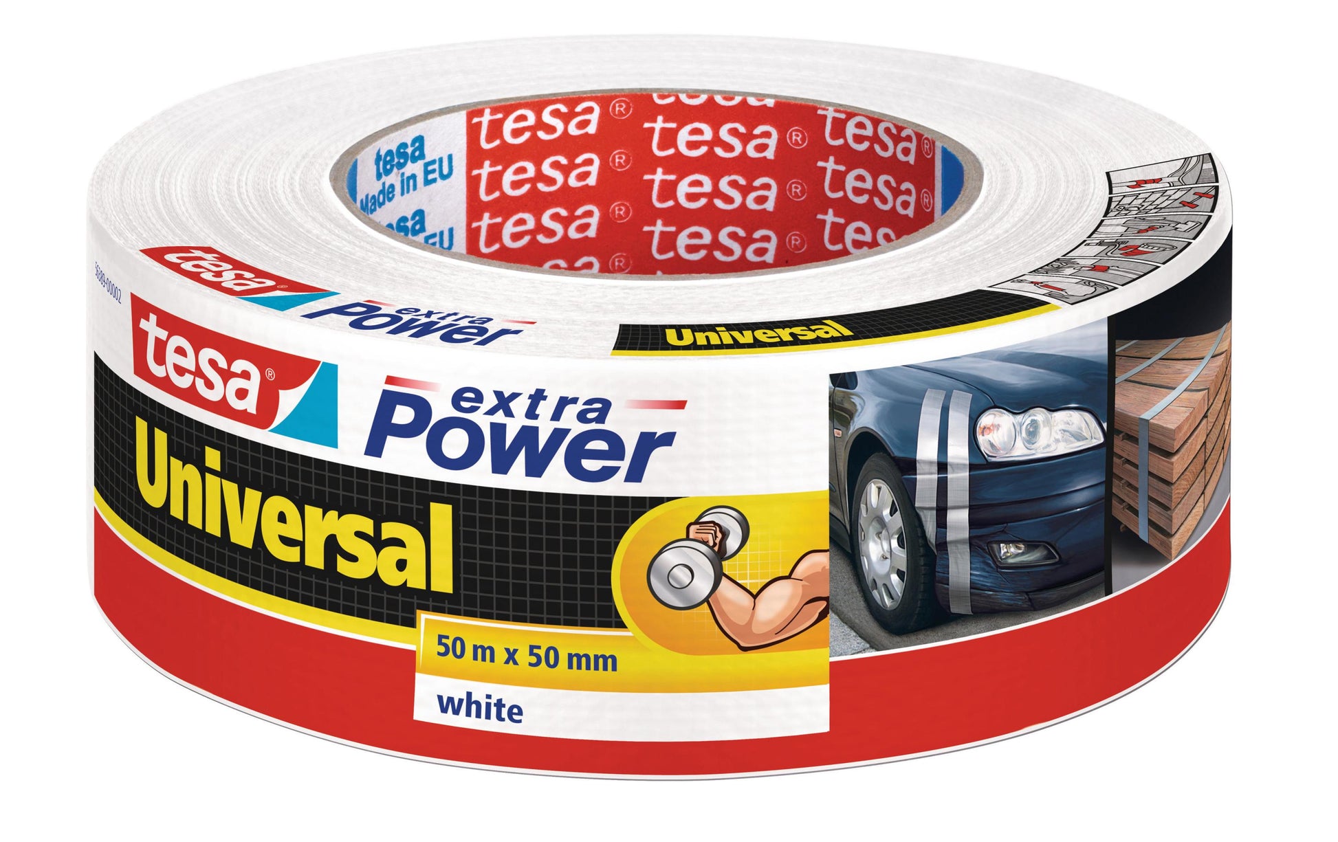 tesa Gewebeband Extra Power Universal – 50 mm × 50 m, weiss, extra stark, recycelt