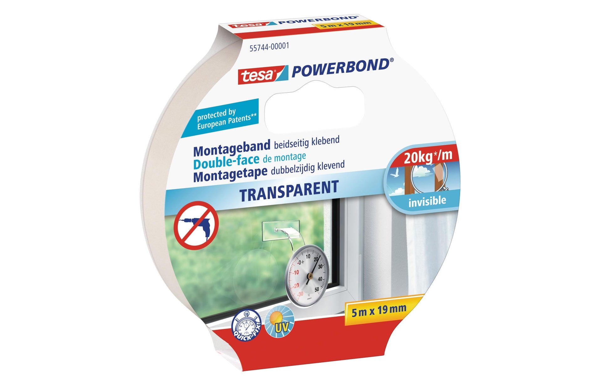 Tesa Powerbond Montageband, für Innen & Aussen, für Glas – 19 mm × 5 m, transparent, bis 20 kg