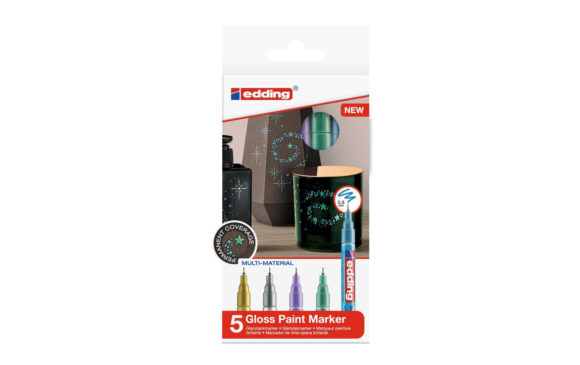 Edding Permanentmarker – gold, metallicblau, metallicgrün, metalliclila, silber, 5er-Pack