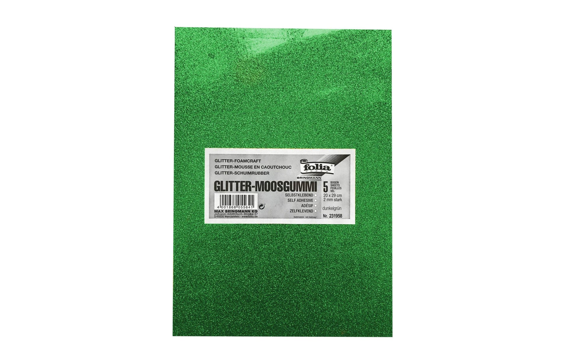 Folia Schaumstoffplatte, Glitzer, selbstklebend, Dunkelgrün, 20 × 29 cm, 2 mm, 5 Stk.