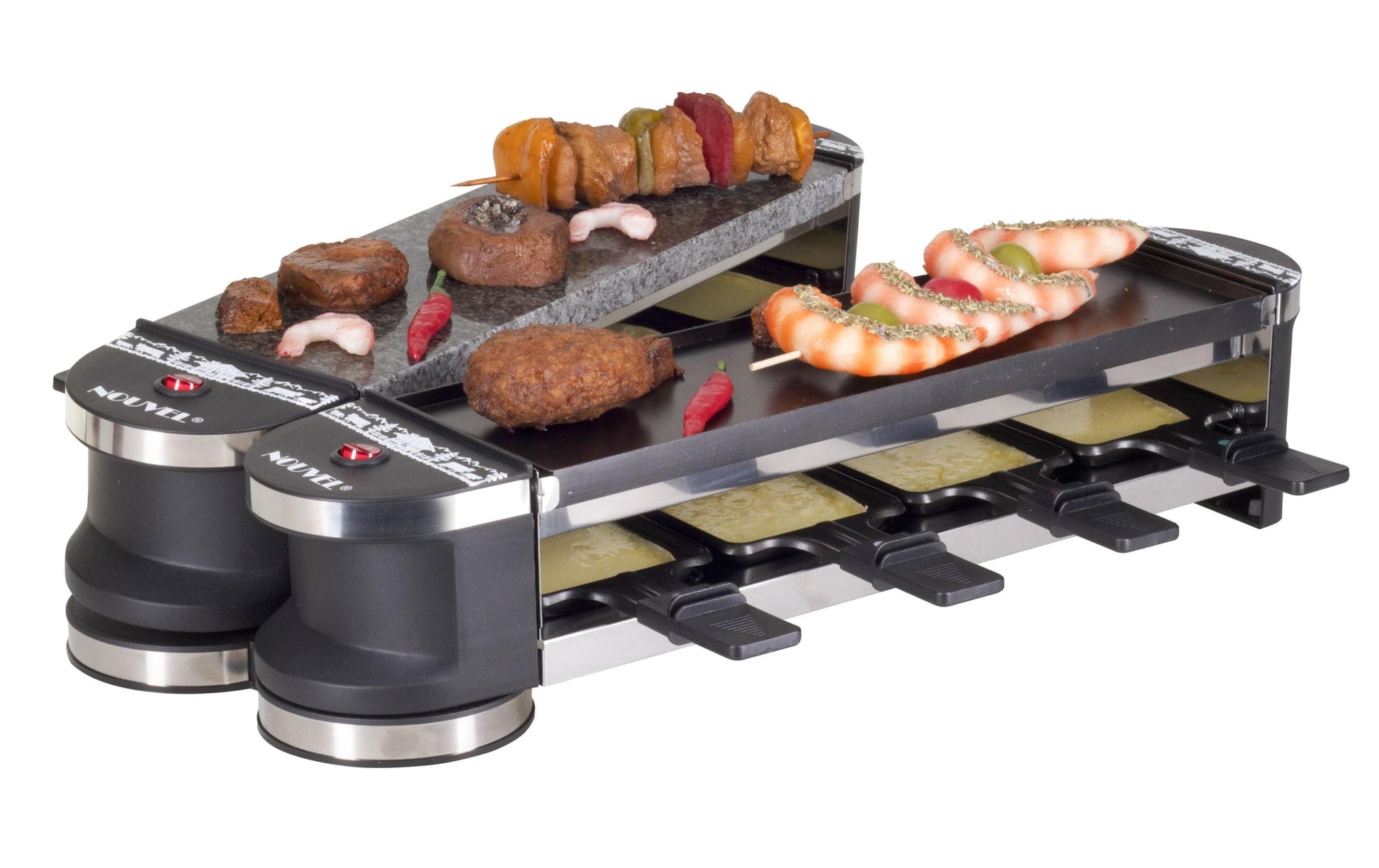 Nouvel Raclette Docking 8 – 8 Personen, 1400 W, Aluguss-Grillplatte, antihaftbeschichtet – schwarz/weiss