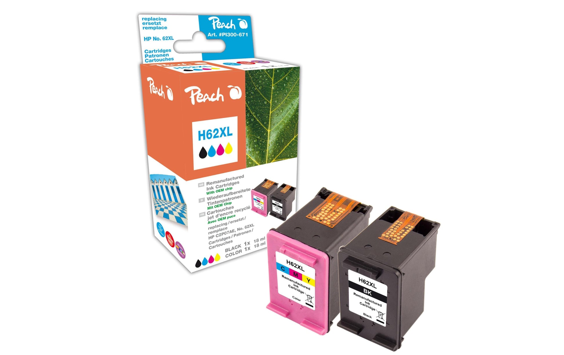 Peach Tintenpatronen-Multipack 62XL (C2P05AE/C2P07AE), XL, 2er-Pack, kompatibel – für HP Envy 5540 und andere